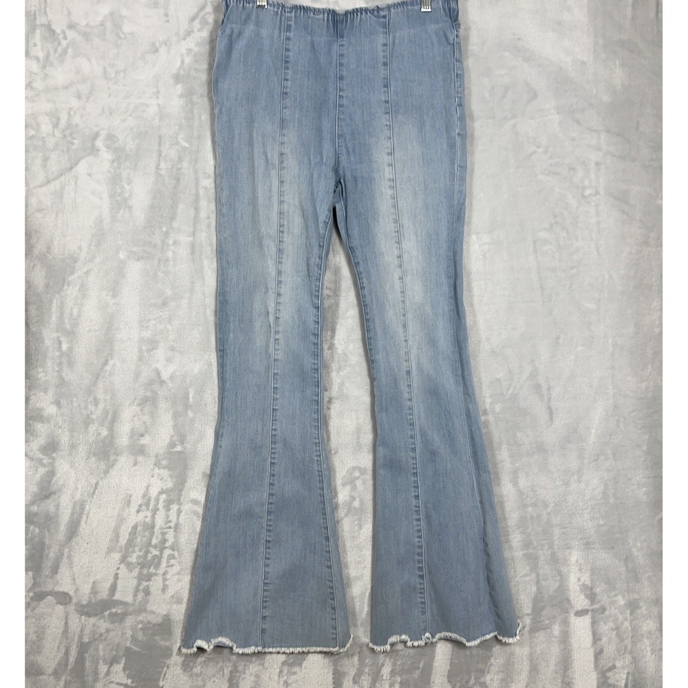 Ashley Mason On Trend Pull On Faded Raw Hem‎ Flare Jeans Sz 9 Y2K Retro Comfy